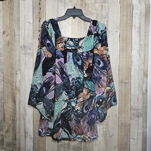 Fire Los Angeles Pullover Square Neck 3/4 Wide Sleeveless Peacock Print Tunic S